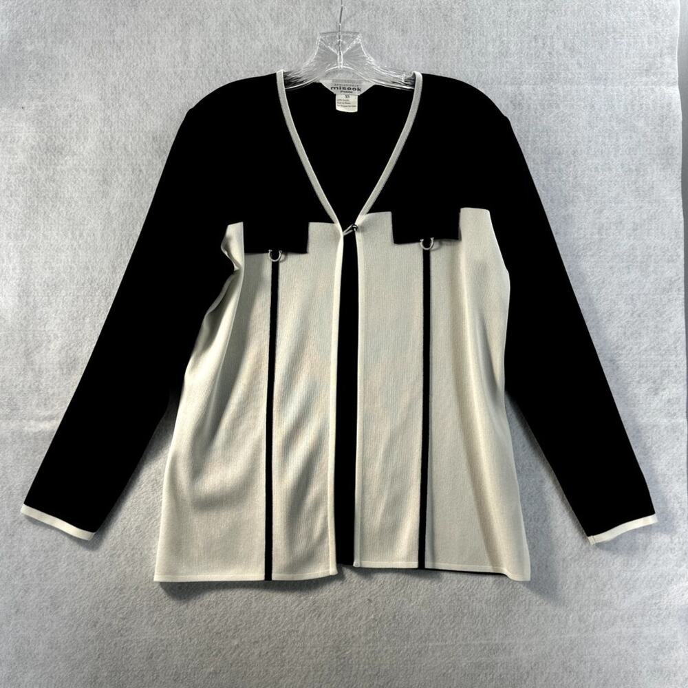 Misook Petite XS Cardigan Single Button Open Front Black White Career Classic
